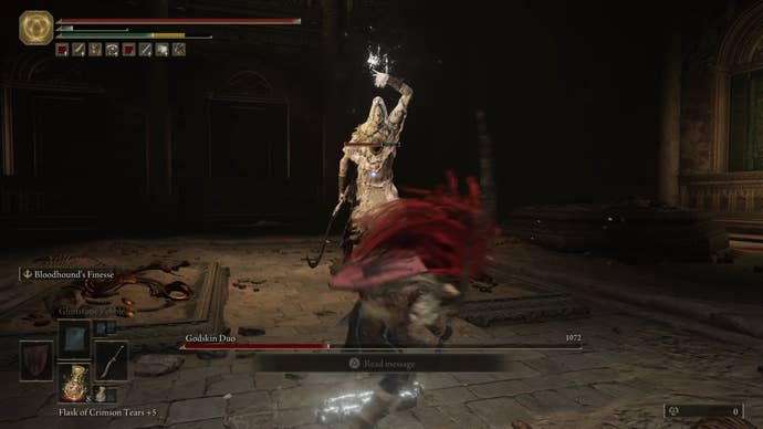 A warrior fights the Godskin Duo in Elden Ring.