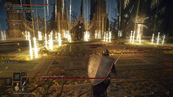 A warrior fights Morgott the Omen King in Elden Ring, who’s fired light swords from the sky into the ground.