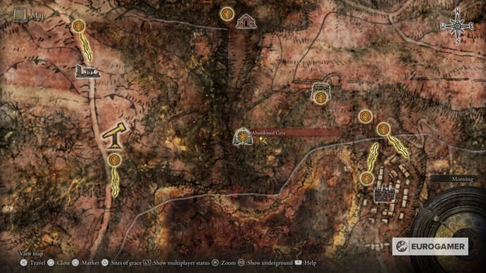 A map screen from Elden Ring showing the location of the Abandoned Cave in Caelid.