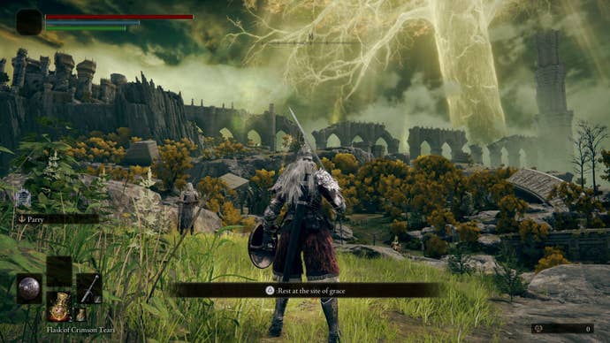 An armoured character holding a sword an shield looking out at the beight Limgrave landscape in Elden Ring.