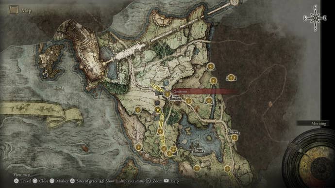 The Elden Ring map with Stormveil Castle’s Gate Front Site of Grace selected.