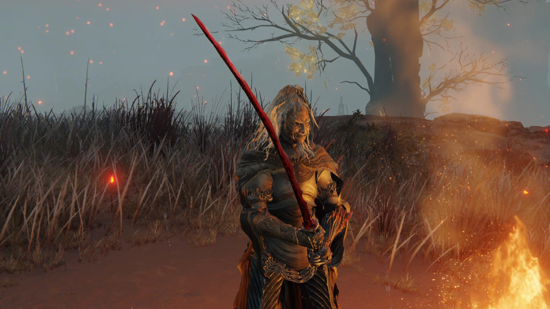 Character screenshot from Elden Ring wielding the Rivers of Blood katana