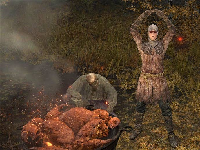 One character in Elden Ring stands with hands connected above their head, as if they’re performing the A in YMCA. Another is feasting on what looks like a bucket of steaming hot crab. It’s a weird world.