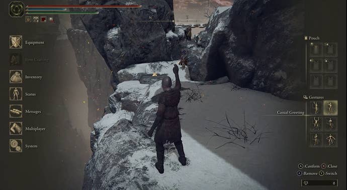 A gif showing a player in Elden Ring trying to delivery crab to another player, but getting zapped with magic and then jumping off a cliff instead.