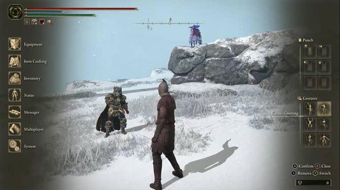 A showdown between players in Elden Ring in a snowy area. One blows a kiss to anther. They’re happy to receive some hot crab.