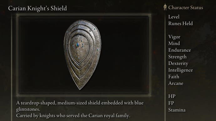 Carian Knight's Shield screenshot from Elden Ring with the text "A teardrop-shaped, medium-sized shield embedded with blue glintstones. Carried by knights who serve the Carian royal family."