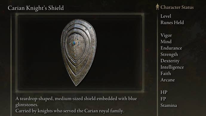 Carian Knight’s Shield screenshot from Elden Ring with the text “A teardrop-shaped, medium-sized shield embedded with blue glintstones. Carried by knights who serve the Carian royal family."