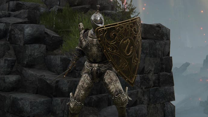Character screenshot from Elden Ring showing the Brass Shield