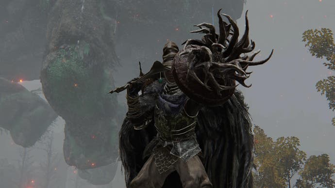 Character screenshot from Elden Ring showing the Spiralhorn Shield