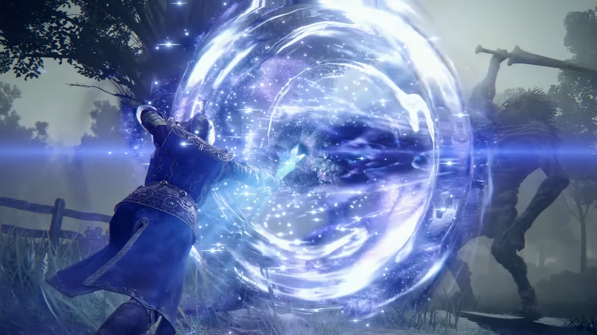 Character screenshot from Elden Ring where the Comet Azur sorcery is cast.