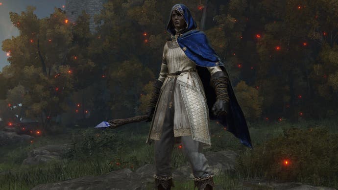 Character screenshot from Elden Ring holding the Carian Glitstone Staff