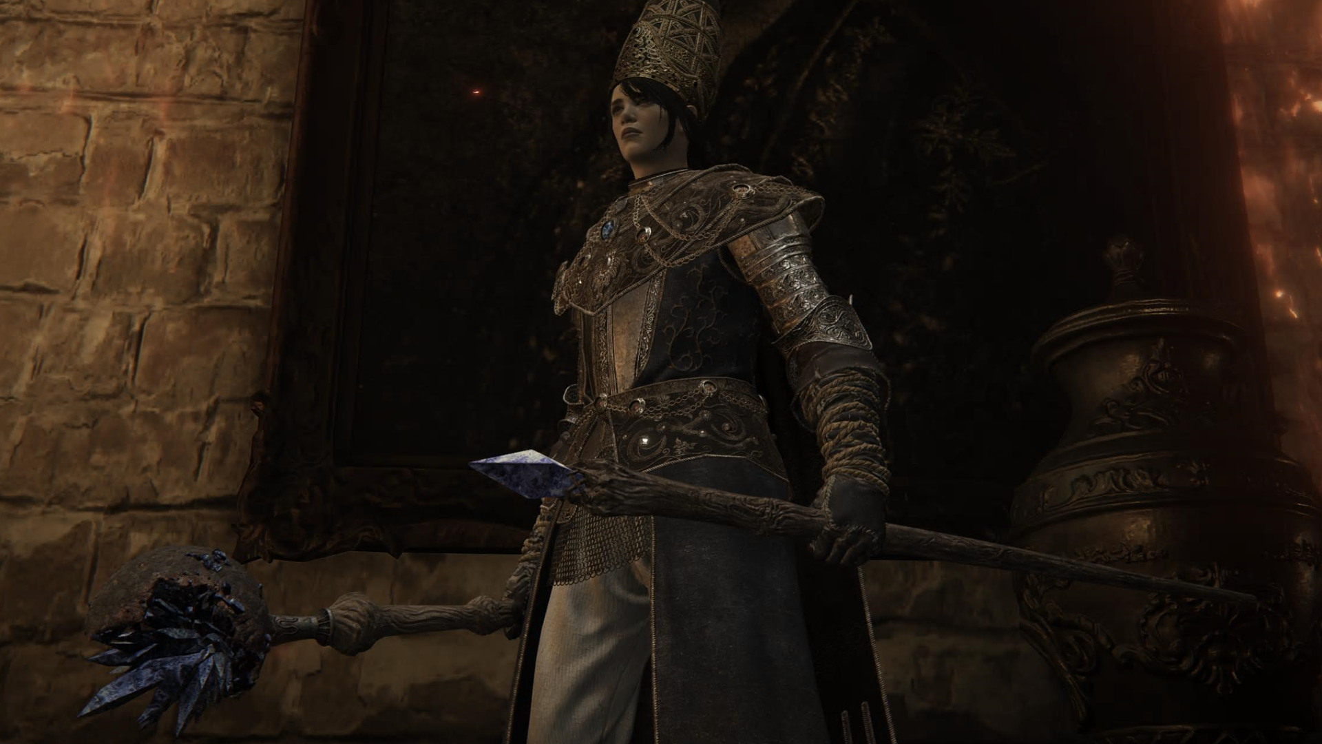 Character screenshot from Elden Ring holding Lusat&rsquo;s Glintstone Staff