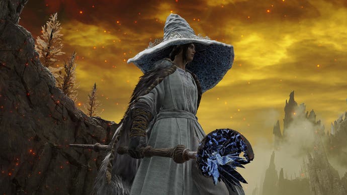 Character screenshot from Elden Ring wearing the Snow Witch set
