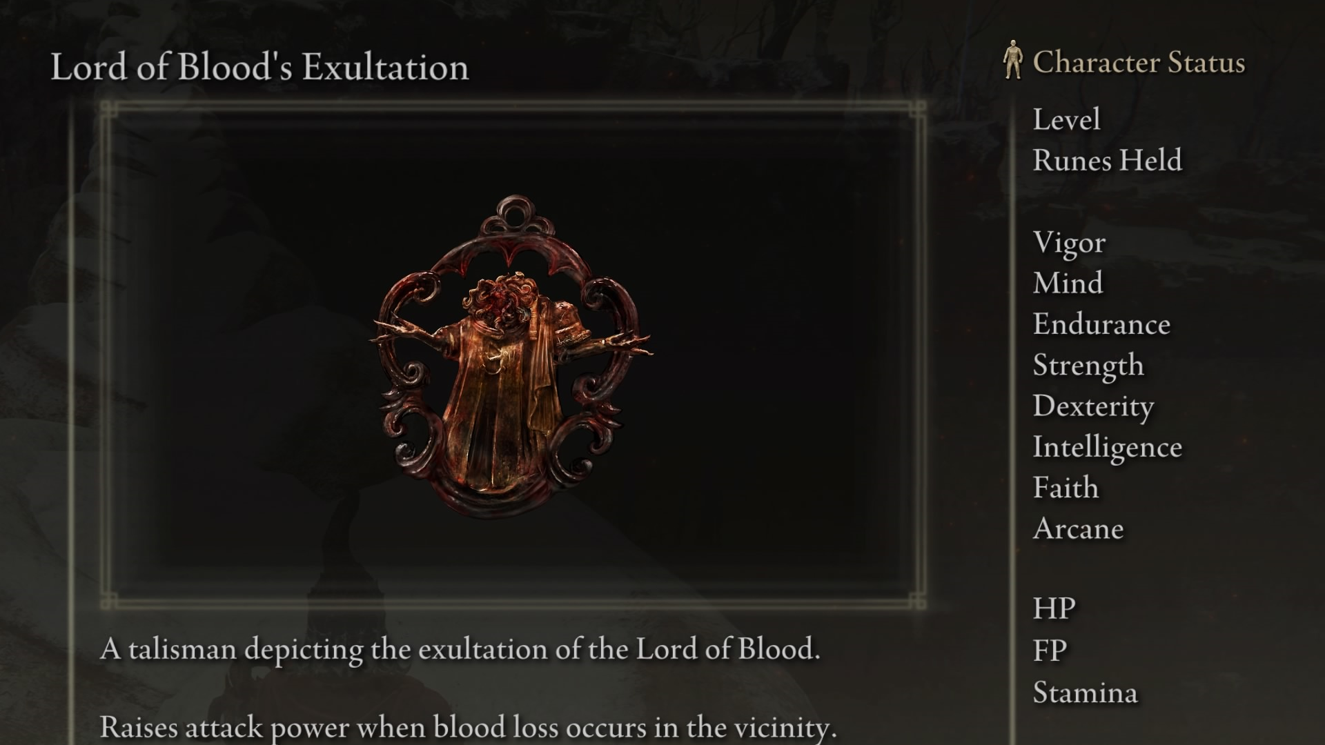 Lord of Blood&rsquo;s Exultation screenshot from Elden Ring with the text &ldquo;A talisman depicting the exultation of the Lord of Blood. Raises attack power when blood loss occurs in the vicinity."