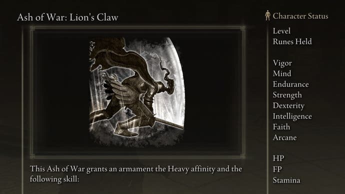 Ash of War: Lion's Claw screenshot from Elden Ring with text "This Ash of War grants a weapon the Heavy affinity and the following skill:"