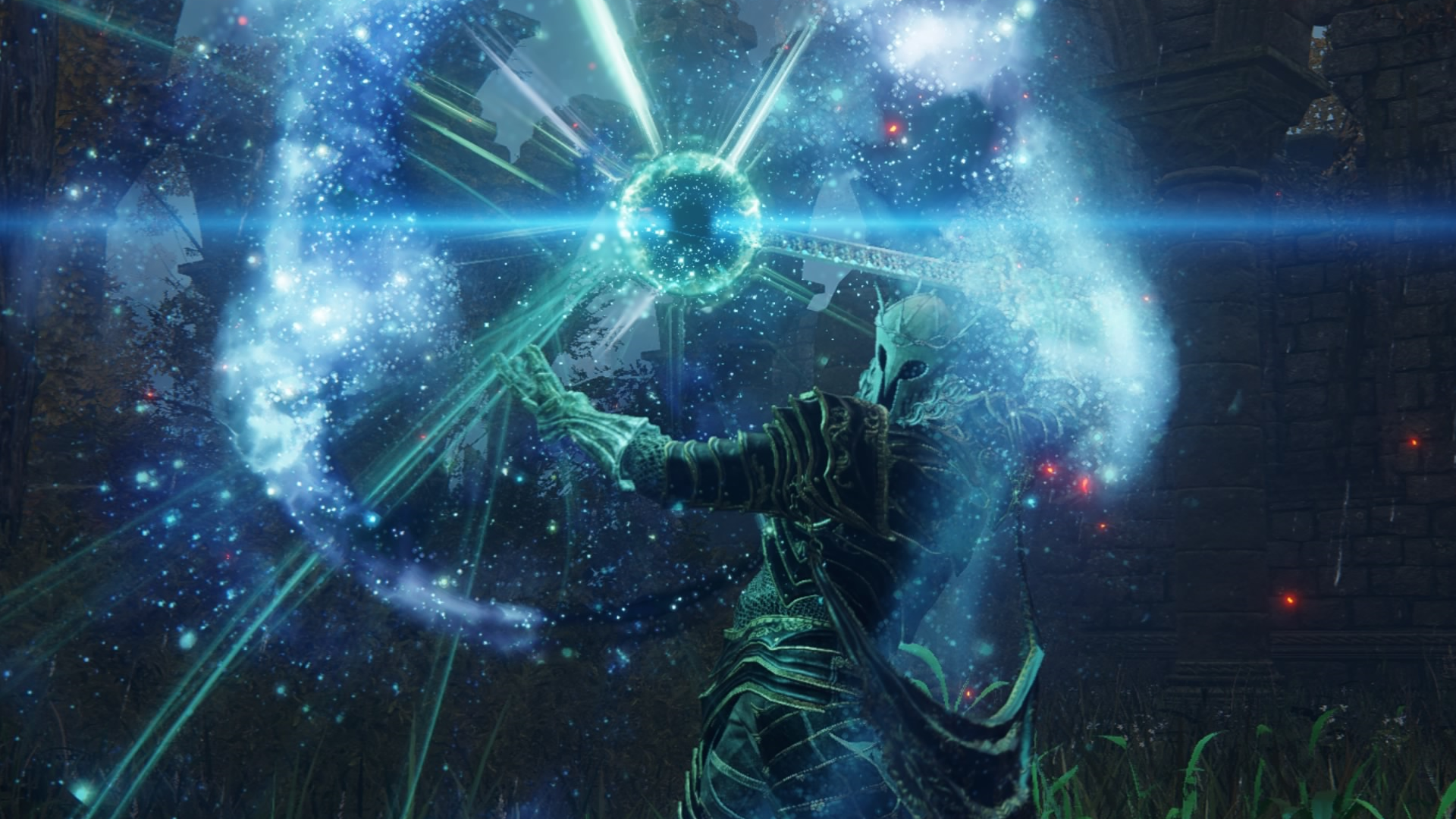 Character screenshot from Elden Ring showing one of skills the Sword of Night and Flame has