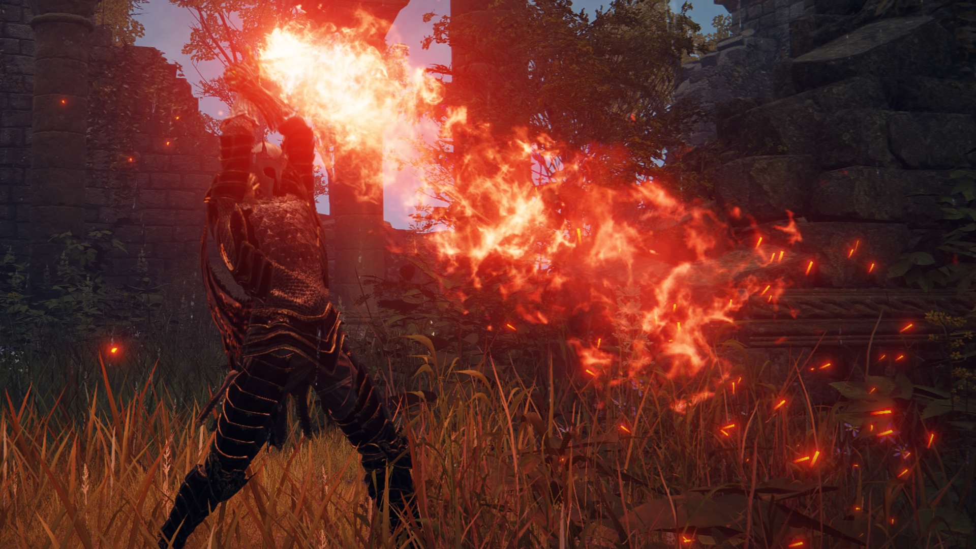 Character screenshot from Elden Ring performing the Sword of Night and Flame&rsquo;s fire skill