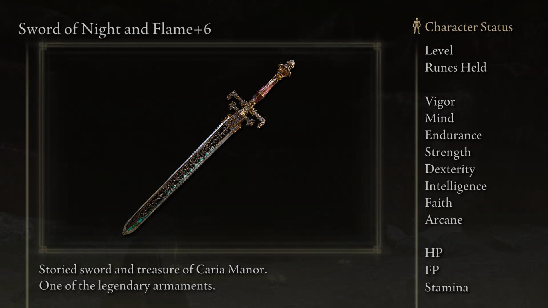 Sword of Night and Flame screenshot from Elden Ring with the text &ldquo;Storied sword and treasure of Caria Manor. One of the legendary armaments."