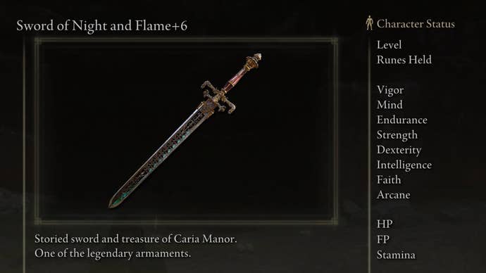 Sword of Night and Flame screenshot from Elden Ring with the text “Storied sword and treasure of Caria Manor. One of the legendary armaments."