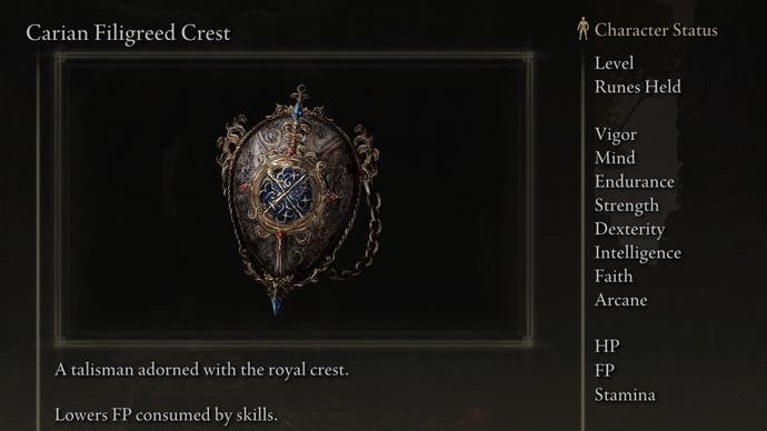 Screenshot of Carian Filigreed Crest from Elden Ring with text 
