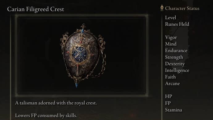 Carian Filigreed Crest screenshot from Elden Ring with the text “A talisman adorned with the royal crest. Lowers FP consumed by skills."