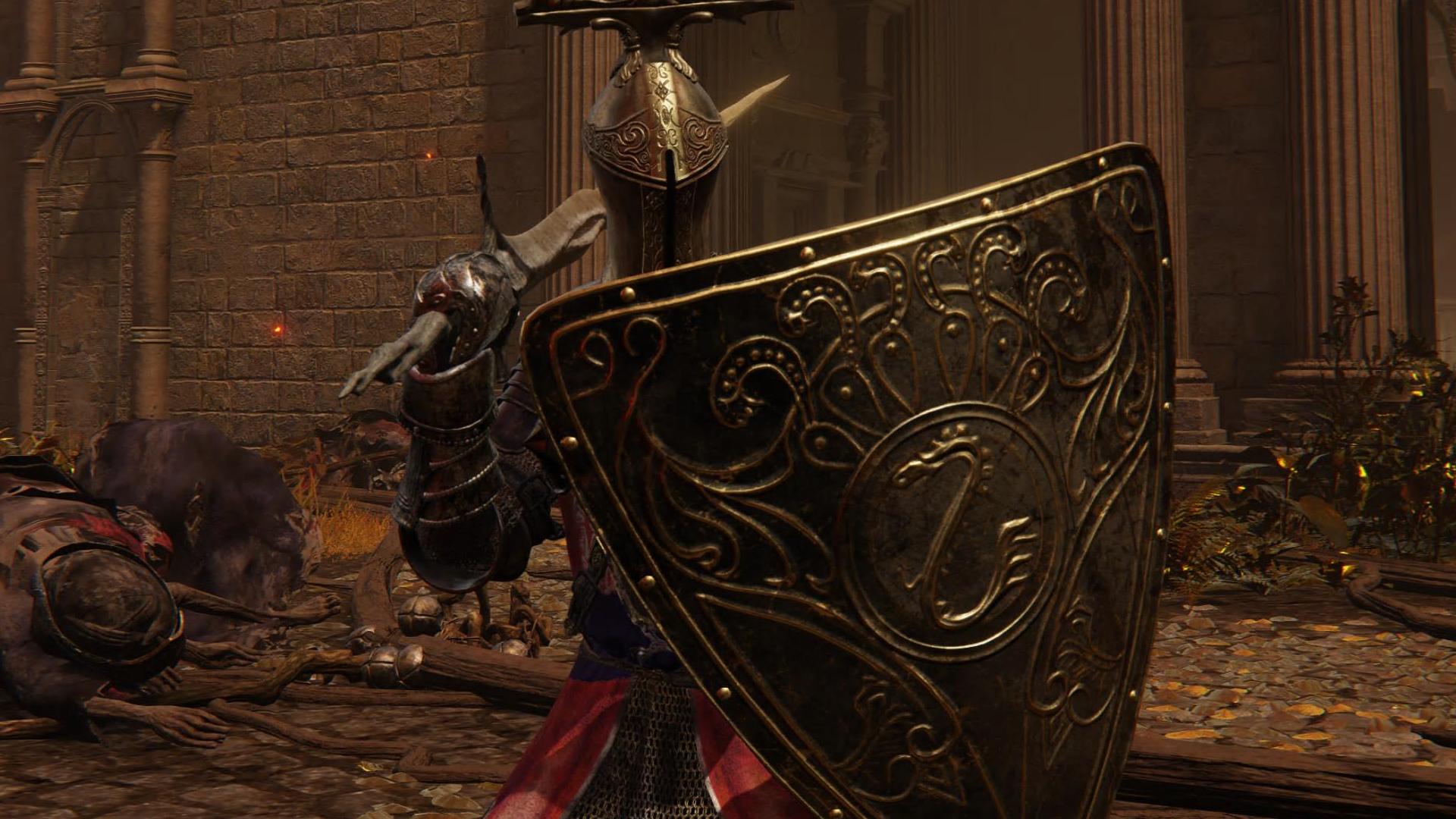 Character screenshot from Elden Ring holding the Brass Shield
