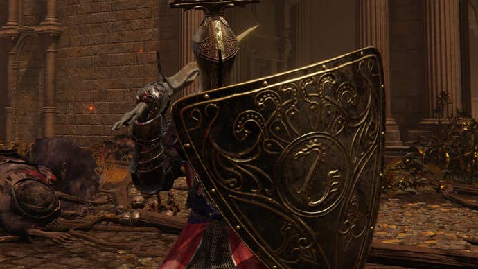 Character screenshot from Elden Ring holding the Brass Shield
