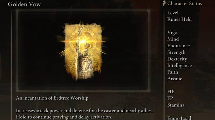 The Golden Vow incantation screenshot from Elden Ring with the text “An incantation of Erdtree Worship. Increases attack power and defense for the caster and nearby allies. Hold to continue praying and delay activation."