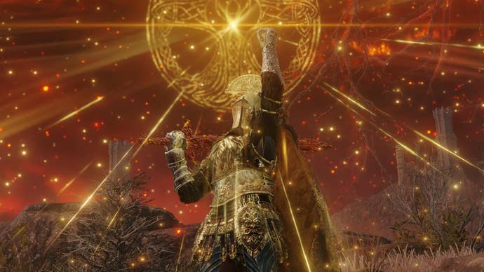 Character screenshot from Elden Ring while performing the Golden Vow incantation