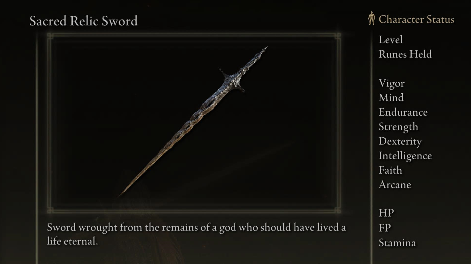Sacred Relic Sword screenshot from Elden Ring with the text &ldquo;Sword wrought from the remains of a god who should have lived a life eternal."