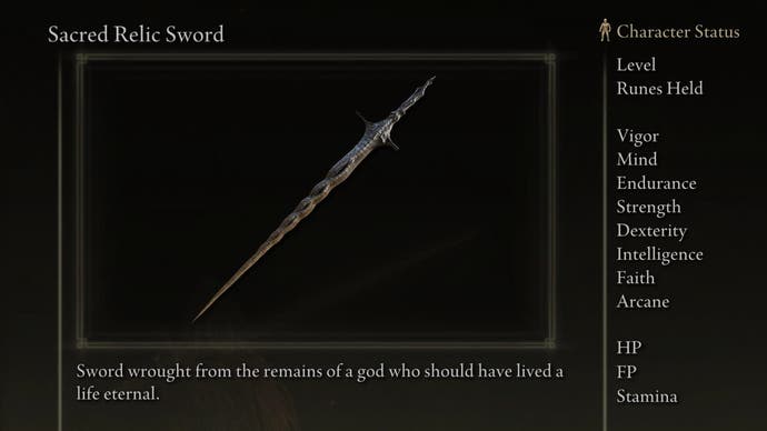 Capture d'écran de Sacred Relic Sword d'Elden Ring avec le texte 