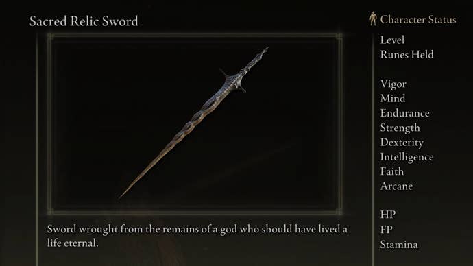 Sacred Relic Sword screenshot from Elden Ring with the text “Sword wrought from the remains of a god who should have lived a life eternal."