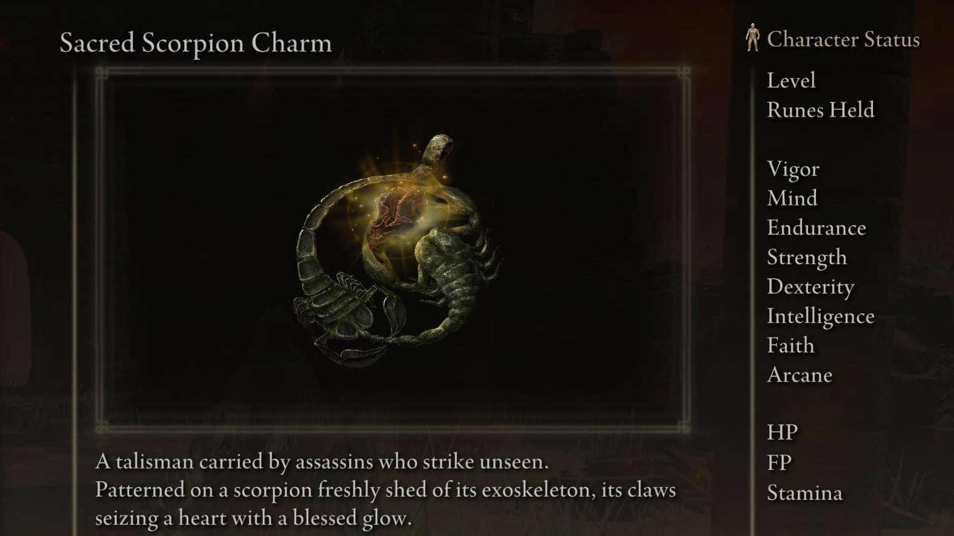 Sacred Scorpion Charm screenshot from Elden Ring with the text &ldquo;A talisman carried by assassins who strike unseen. Patterned on a scorpion freshly shed of its exoskeleton, its claws seizing a heart with a blessed glow."