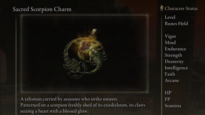 Capture d'écran du Charme du Scorpion Sacré d'Elden Ring avec le texte 