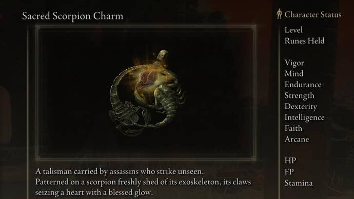 Sacred Scorpion Charm screenshot from Elden Ring with the text “A talisman carried by assassins who strike unseen. Patterned on a scorpion freshly shed of its exoskeleton, its claws seizing a heart with a blessed glow."