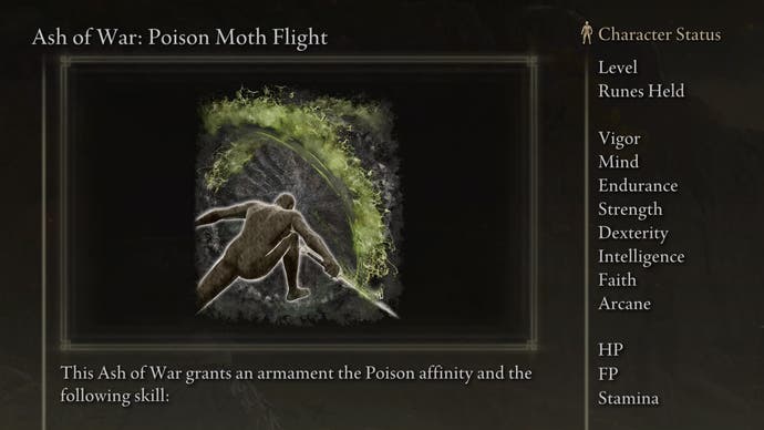 Screenshot of The Ash of War: Poison Moth Flight from Elden Ring with text 