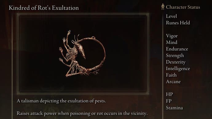 Screenshot of Kindred of Rot's Exultation of Elden Ring with text "A talisman representing the exultation of pests.  Increases attack power when poisoned or rotted nearby."