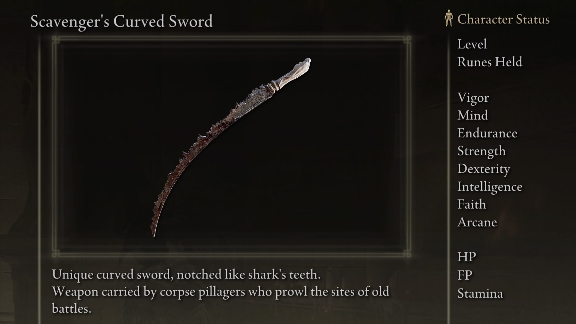 Scavenger&rsquo;s Curved Sword screenshot from Elden Ring with the text &ldquo;Unique curved sword, notched like shark&rsquo;s teeth. Weapon carried by corpse pillagers who prowl the sites of old battles."
