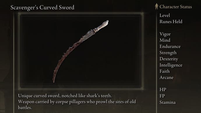 Screenshot of Scavenger's Curved Sword from Elden Ring with text "Unique curved sword, notched like shark teeth.  Weapon carried by corpse looters who prowl the sites of ancient battles."