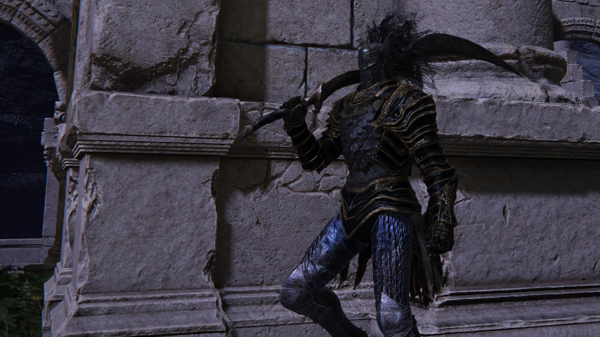 Character screenshot from Elden Ring wielding the Bloodhound's Fang sword