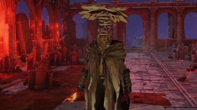 Character screenshot from Elden Ring with the Mushroom Crown and two daggers