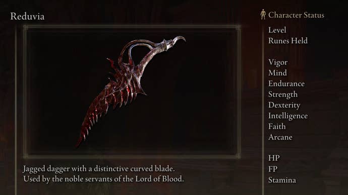 Reduvia screenshot from Elden Ring with the text “Jagged dagger with a distinctive curved blade. Used by the noble servants of the Lord of Blood."