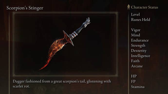 Scorpion’s Stinger screenshot from Elden Ring with the text “Dagger fashioned from a great scorpion’s tail, glistening with scarlet rot."