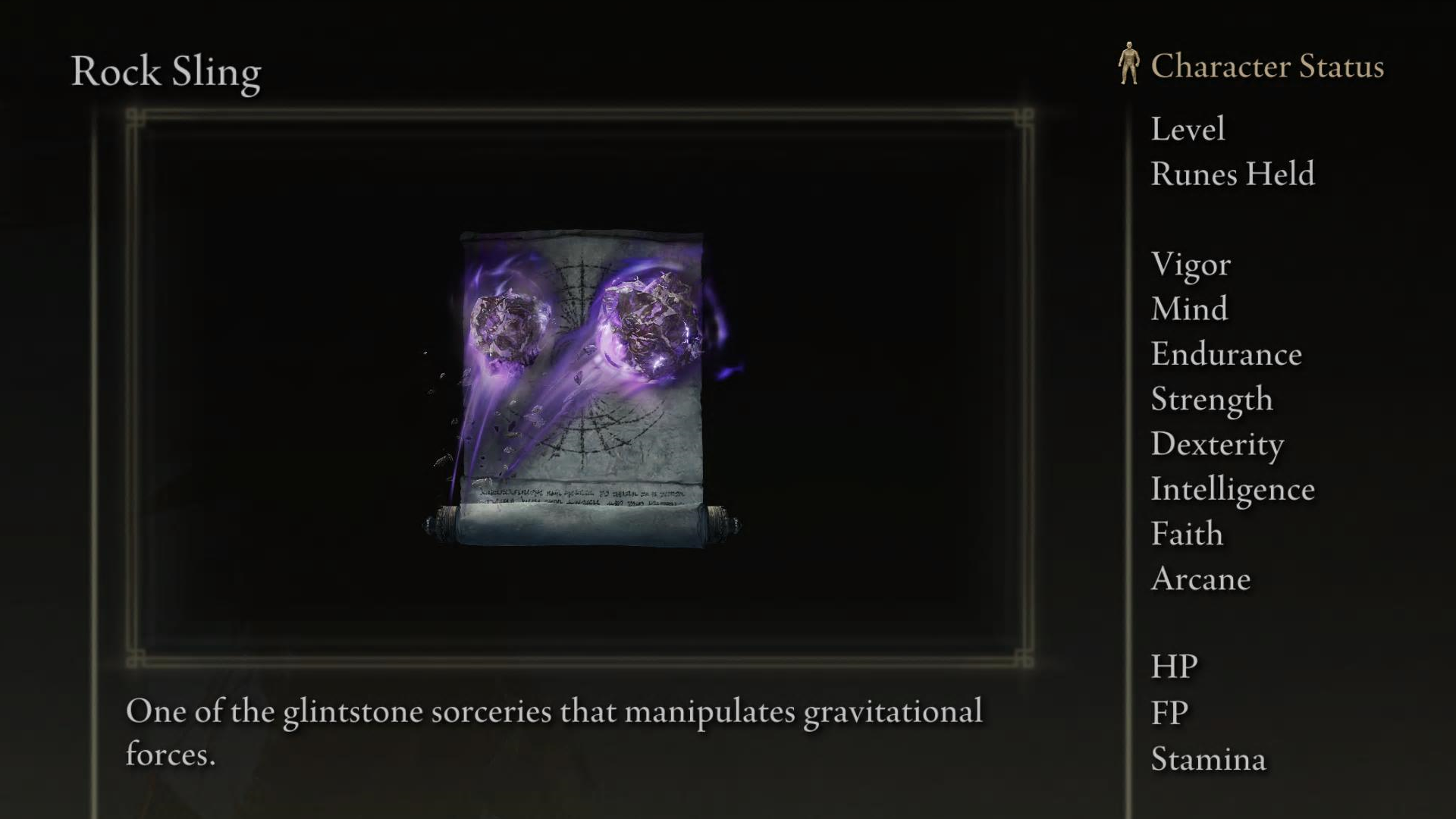 Rock Sling sorcery screenshot from Elden Ring with the text &ldquo;One of the glintsone sorceries that manipulates grativational forces