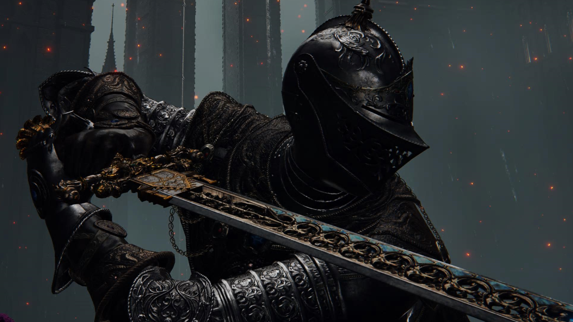 Character screenshot from Elden Ring wielding the Sword of Night and Flame