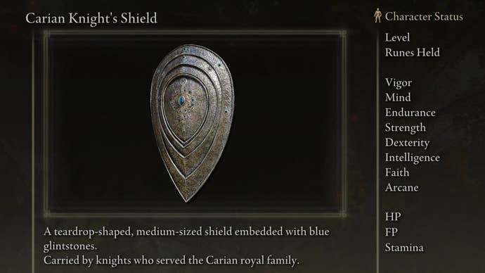 Carian Knight’s Shield screenshot from Elden Ring with the text “A teardrop-shaped, medium-sized shield embedded with blue glintstones. Carried by knights who server the Carian royal family."