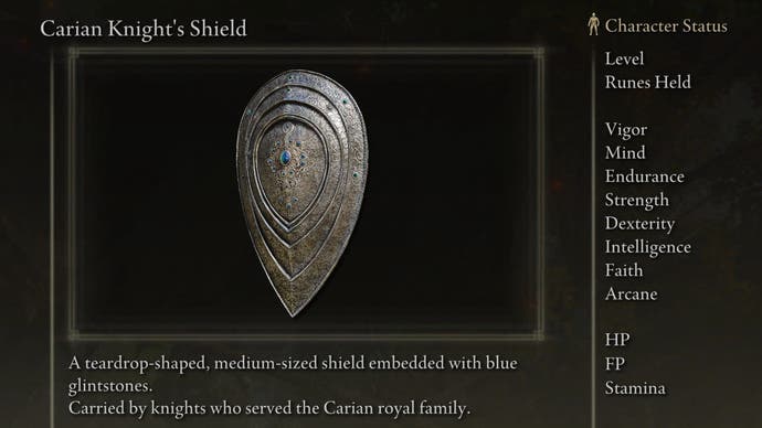 Screenshot of the Carian Knight's Shield from Elden Ring with text