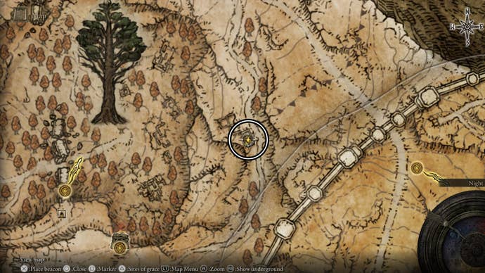 Map screenshot from Elden Ring showing the location of the enemy who drops the Larval Tear in Altus Plateau