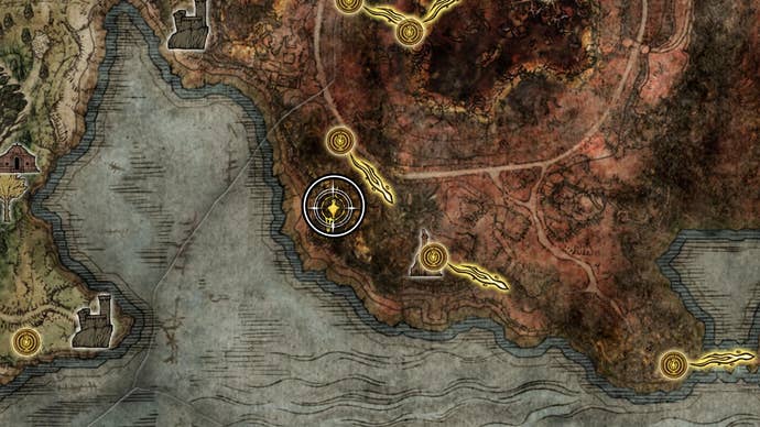 Map screenshot from Elden Ring showing the location of the enemy who drops a Larval Tear in Caelid