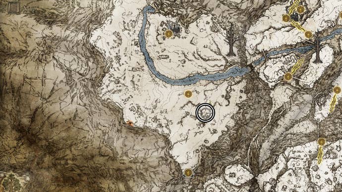 Map screenshot from Elden Ring showing the location of the enemy who drops the Larval Tear in the Consecrated Snowfield